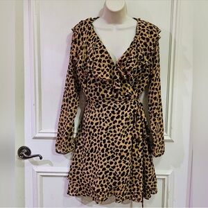Free People Leopard Print Wrap Dress with Ruffles - Size M